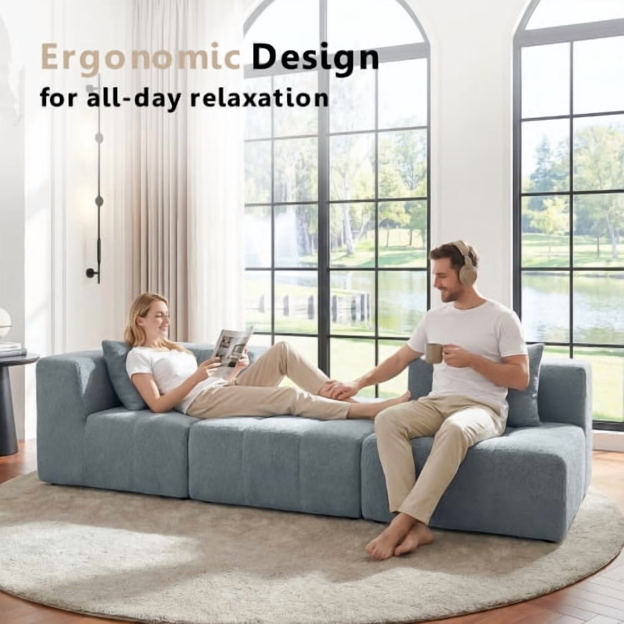 Howcool 106" Boneless Cloud Couch, U-Shaped Modular Compression Sofa Bed, Foldable Floor Sofa with Deep Seat, Foam Couch No Assembly, 3 Seater, Grey