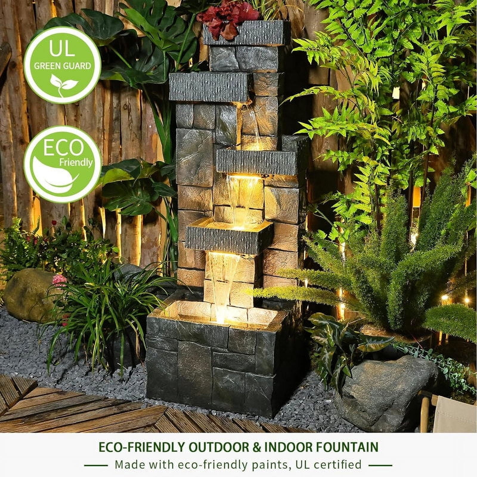 44.5 Inches Modern Fountain 4 Tired Floor Standing Outdoor Fountain with Lights Pump for Garden Patio Backyard Porch Home Art Decor