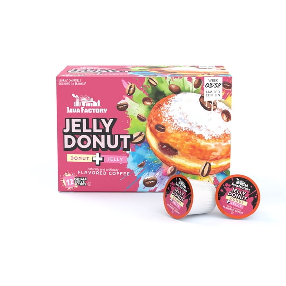 Java Factory Flavored Coffee Pods, Jelly Donut, Compatible with K Cup Brewers, 12 Count