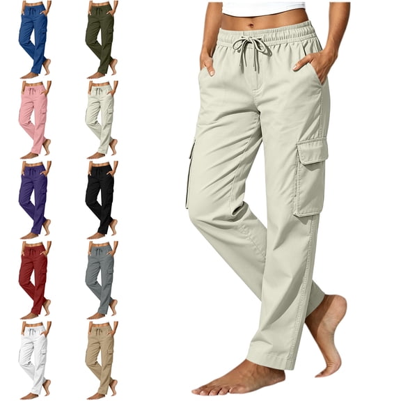 MLCDZ Cargo Pants for Women Elastic Waist Drawstring Loose Baggy Hiking Parachute Barrel Pants Wide Leg Trousers with Pockets Hiking Camping Pants