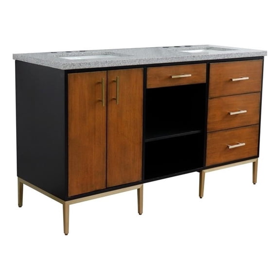 61 in. Double Wooden Vanity Walnut Black Gray Granite Rectangle Sink