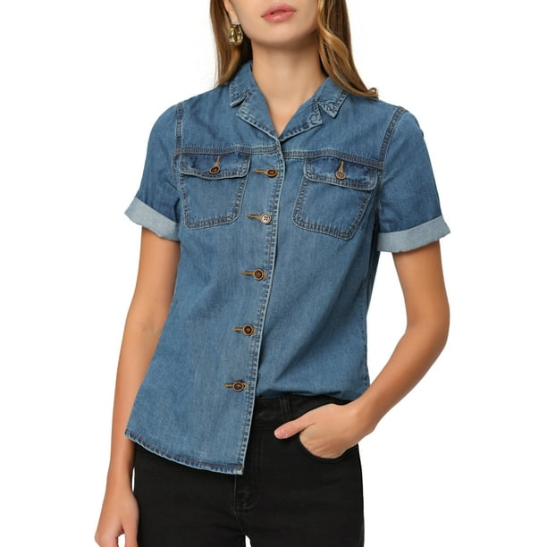 Camisa de mezclilla para mujer con cuello de manga corta y bolsillo en el pecho con botones Azul L