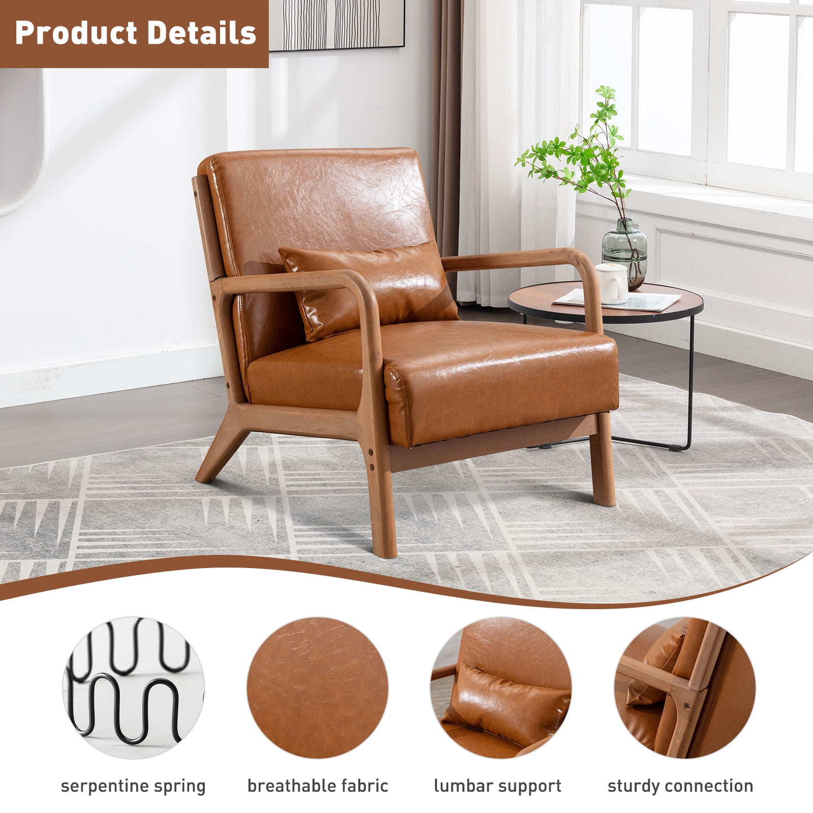 Ebello Accent Chair Mid Century Modern Arm Chair, PU Leather Reading Armchair for Bedroom Living Room Office, Camel