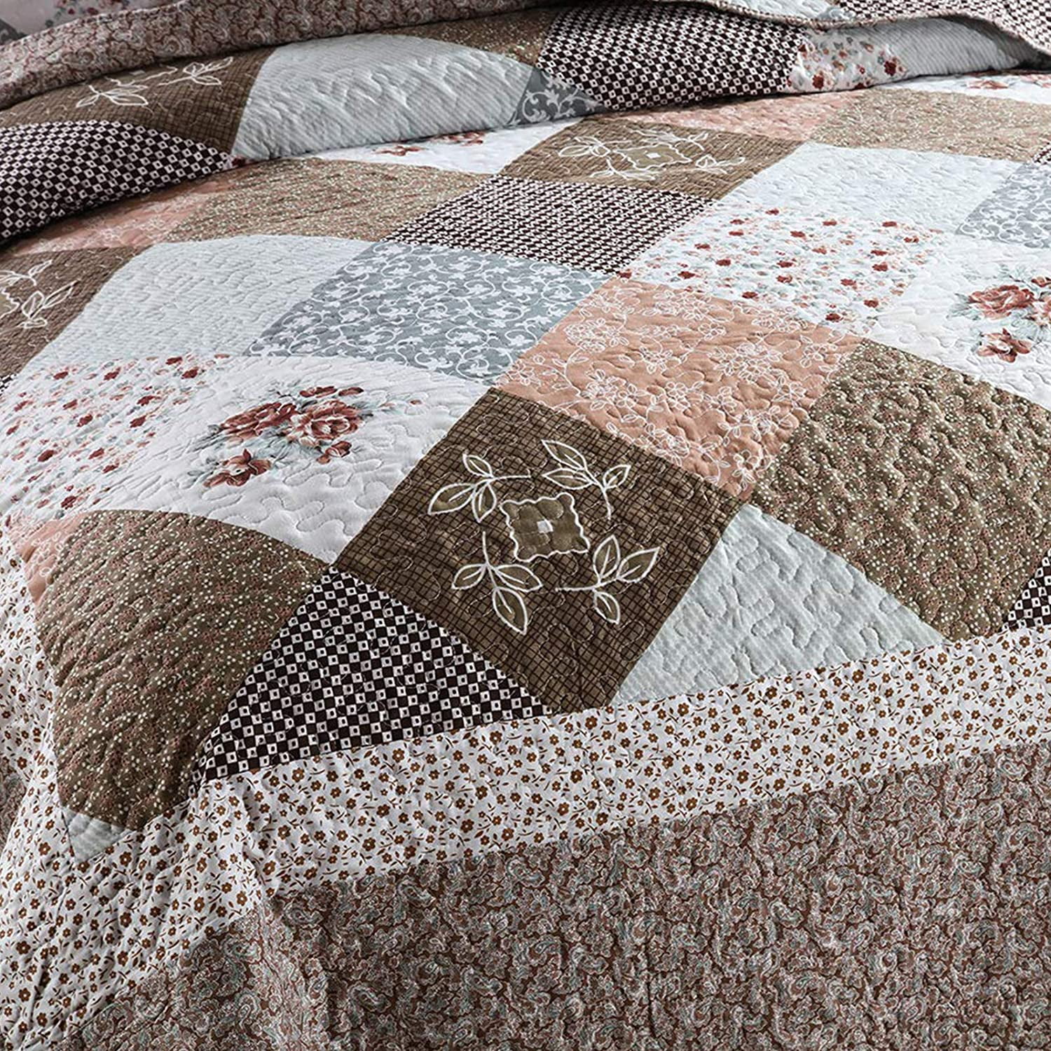 EWAYBY King Quilt Bedding Set 3-Piece Bedspread Coverlet Set Reversible Floral Patchwork Quilt Sets, Coffee