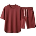 thumbnail image 2 of HVOBTTY Mens Casual Pajama Set, Summer Pajama Set for Men, Men's Plus Size Soft Solid Color Crew Neck Short Sleeve Top and Shorts Elastic Waist Comfy 2 Piece Pajama Set Wine, M, 2 of 4