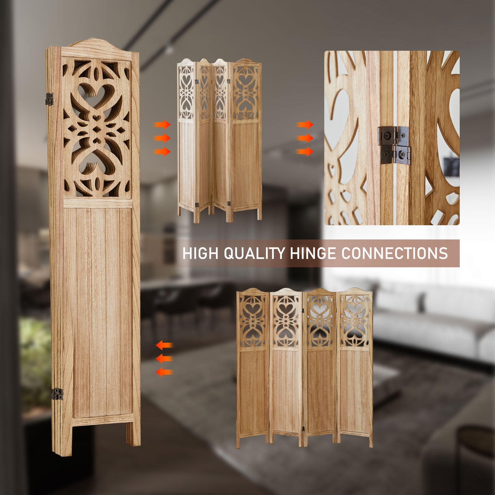 Aletheiawu 4 Panel Wood Carved Room Divider and Folding Screen, No Installation Required，Light Brown