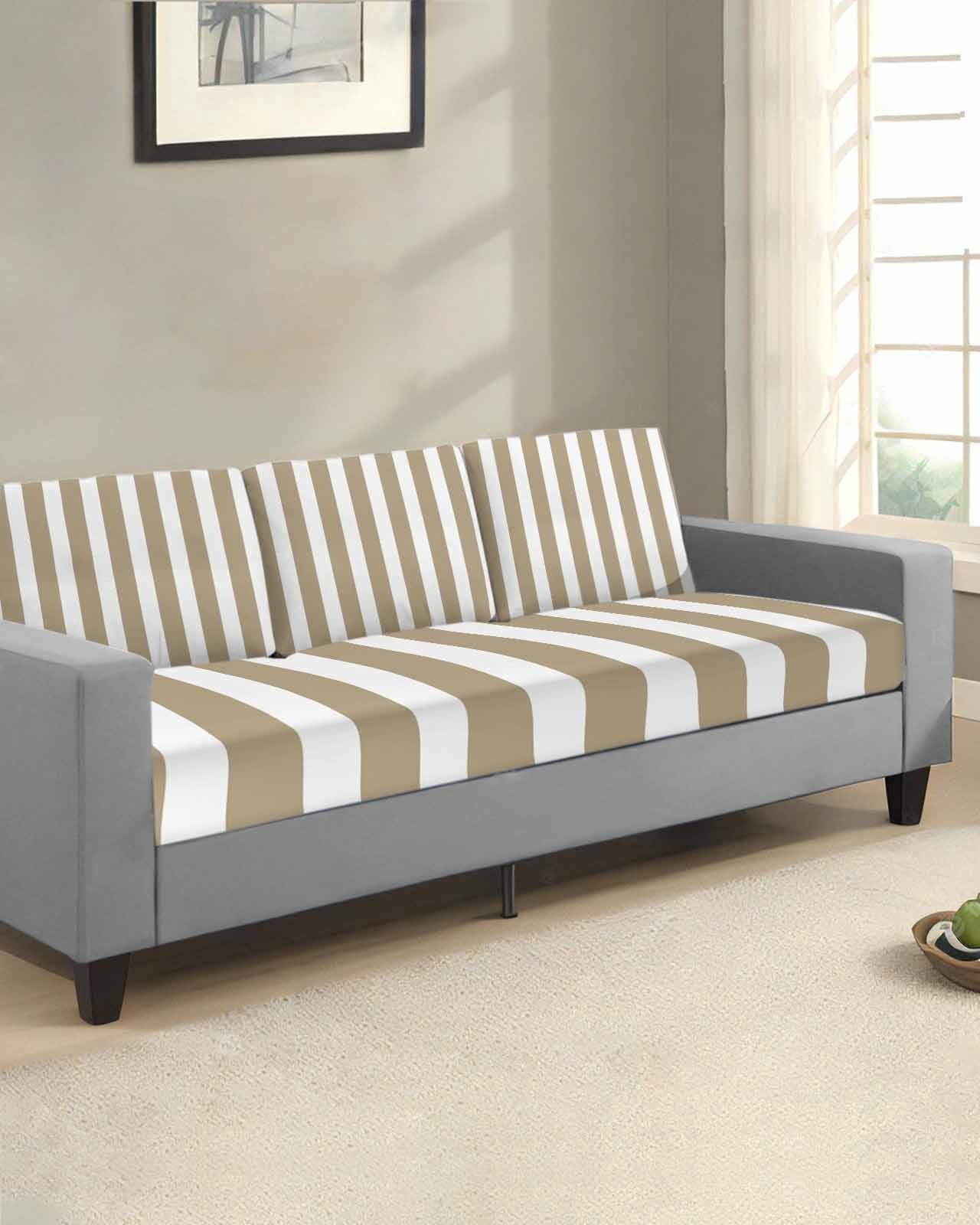 Beige Striped Couch Cushion Covers,Stretch Seat Cushion Covers for Sectional Sofa,Modern Farmhouse Beige White Stripes T-shaped Sofa&nbsp;Slipcovers Furniture Protector with Elastic&Straps 3Pcs,S
