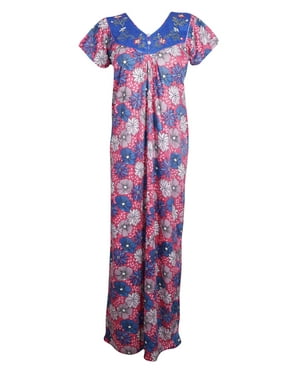 Mogul Women's Blue Pink Floral Long Dress Cap Sleeves V-Neck Sleepwear Comfy Housedress Nightwear Dresses L