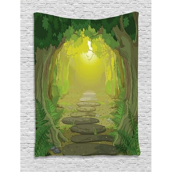 Forest Tapestry, Magical Pathway with Trees and Ferns Fantastic Ancient Fairytale, Wall Hanging for Bedroom Living Room Dorm Decor, 40W X 60L Inches, Sage Yellow and Fern Green, by Ambesonne