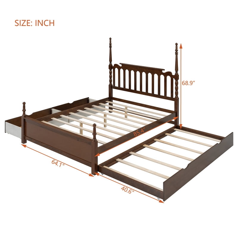 Queen Size Platform Bed with Twin XL Trundle and 2 Storage Drawers, Wooden Bed Frame with Vintage Spindle Headboard & Footboard