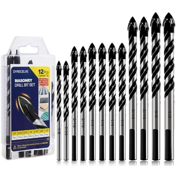 12-PCS Masonry Drill Bit Set & Concrete Drill Bit Set, 1/8 to 1/2 inch Professional Carbide Drill Bits Tip for Glass, Tile, Brick, Cement Concrete Plastic Wood etc. Masonry Drill Bits Set by