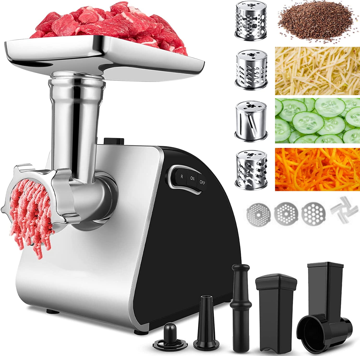 Stainless Steel/Silver/2000W Sausage Stuffer with 3 Grinding Plates and Sausage Stuffing Tubes for Home Use &Commercial Max Electric Meat Grinder 