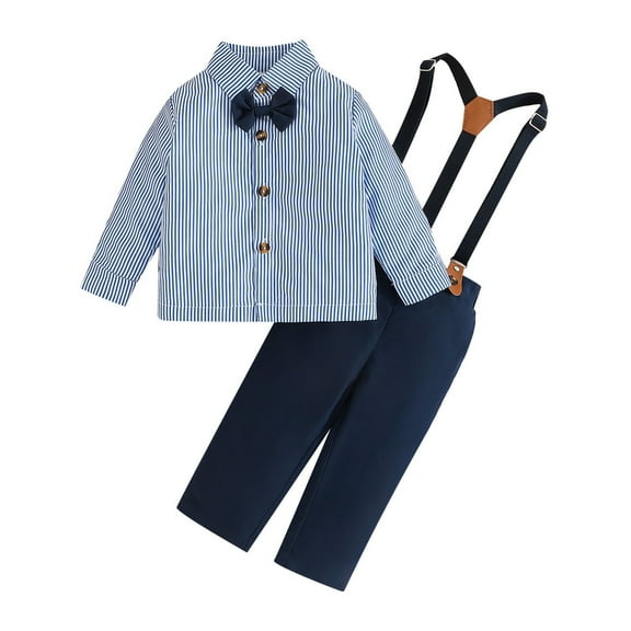Coerni Kids Fall Outfit Gentleman Suit Clothes Long Sleeve Standing Collar Striped Shirt Solid Color Strappy Pants Set
