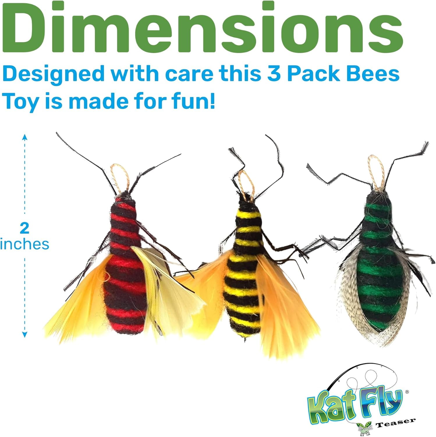 Kat Fly 2 Inch Handmade Cat Toy Teaser Bees and 21 Inch Pink Wand - 3 Pk Green, Red, Yellow, Natural Material Toys