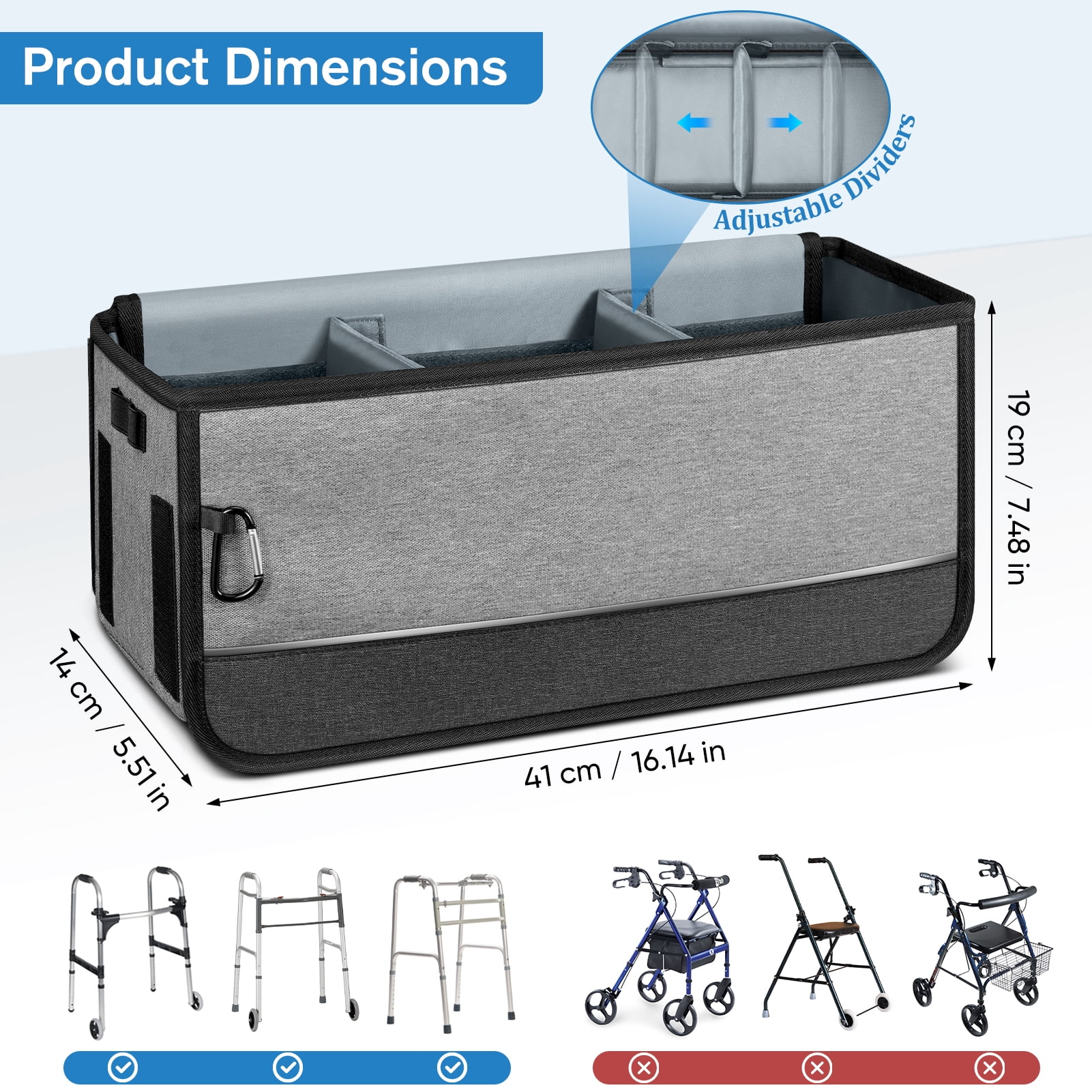 FINPAC Large Walker Basket for Foldable Walker, Storage Bag Strap Attachment Organizer Pouch with Cup Holder and Dustproof Lids