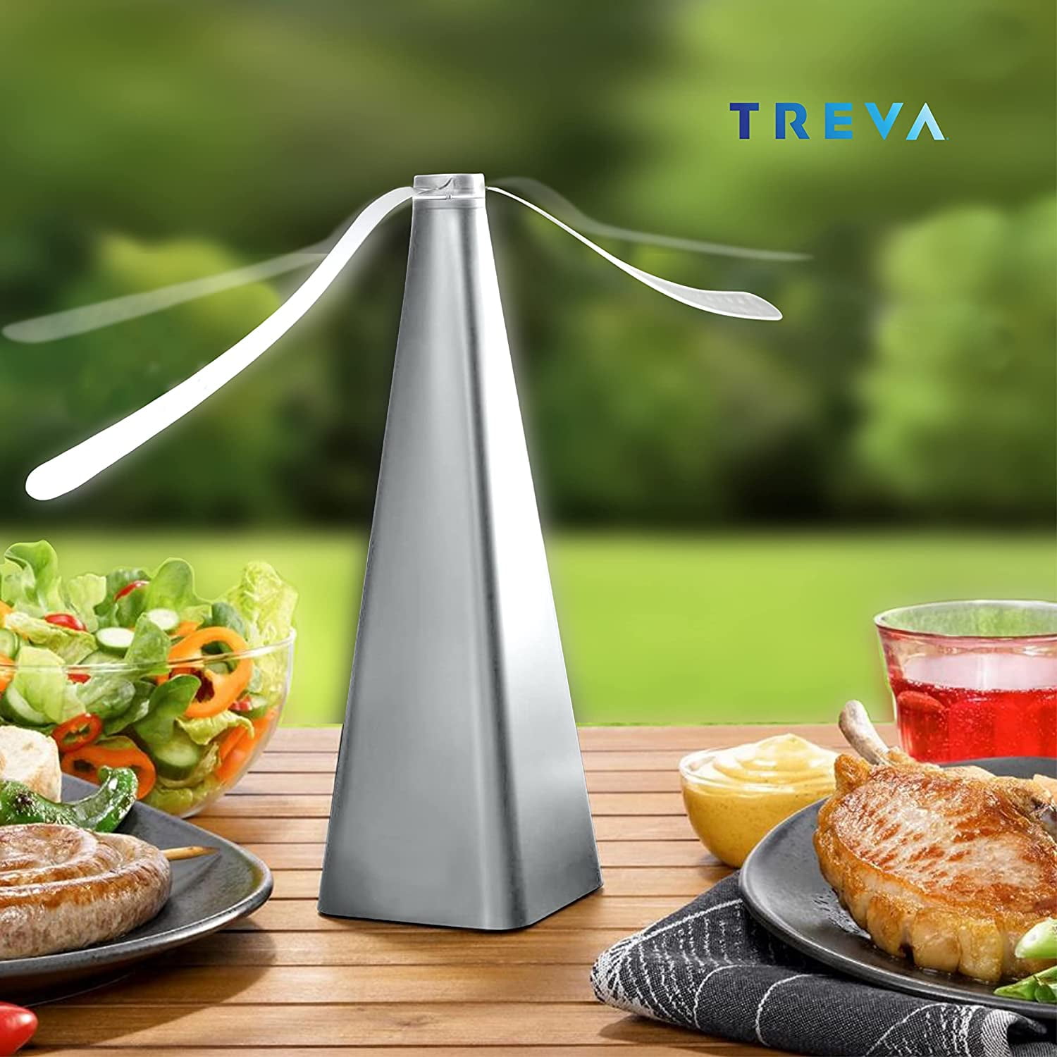 Treva Chemical Free Bug Fan Fly Deterrent with Holographic Blades to Clear Bugs, Mosquitoes, and Flies, Battery Powered Fly Fan - Silver, 2 Pack