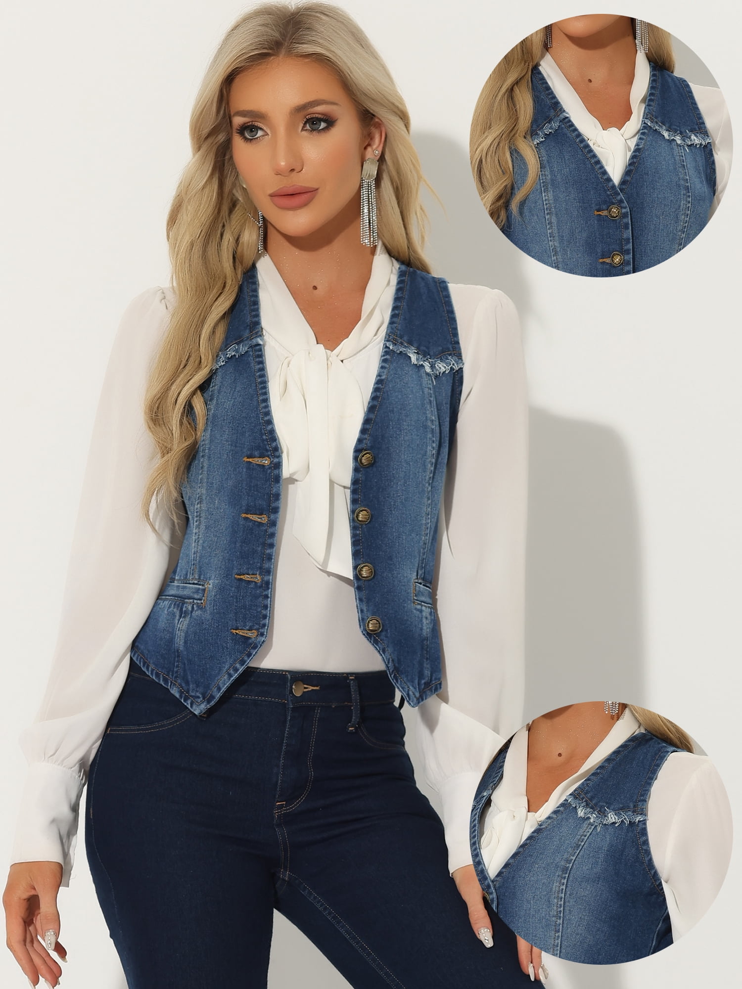 DARING DIVA Women's Denim Vest Washed Distressed Jean Jacket XL Dark Blue