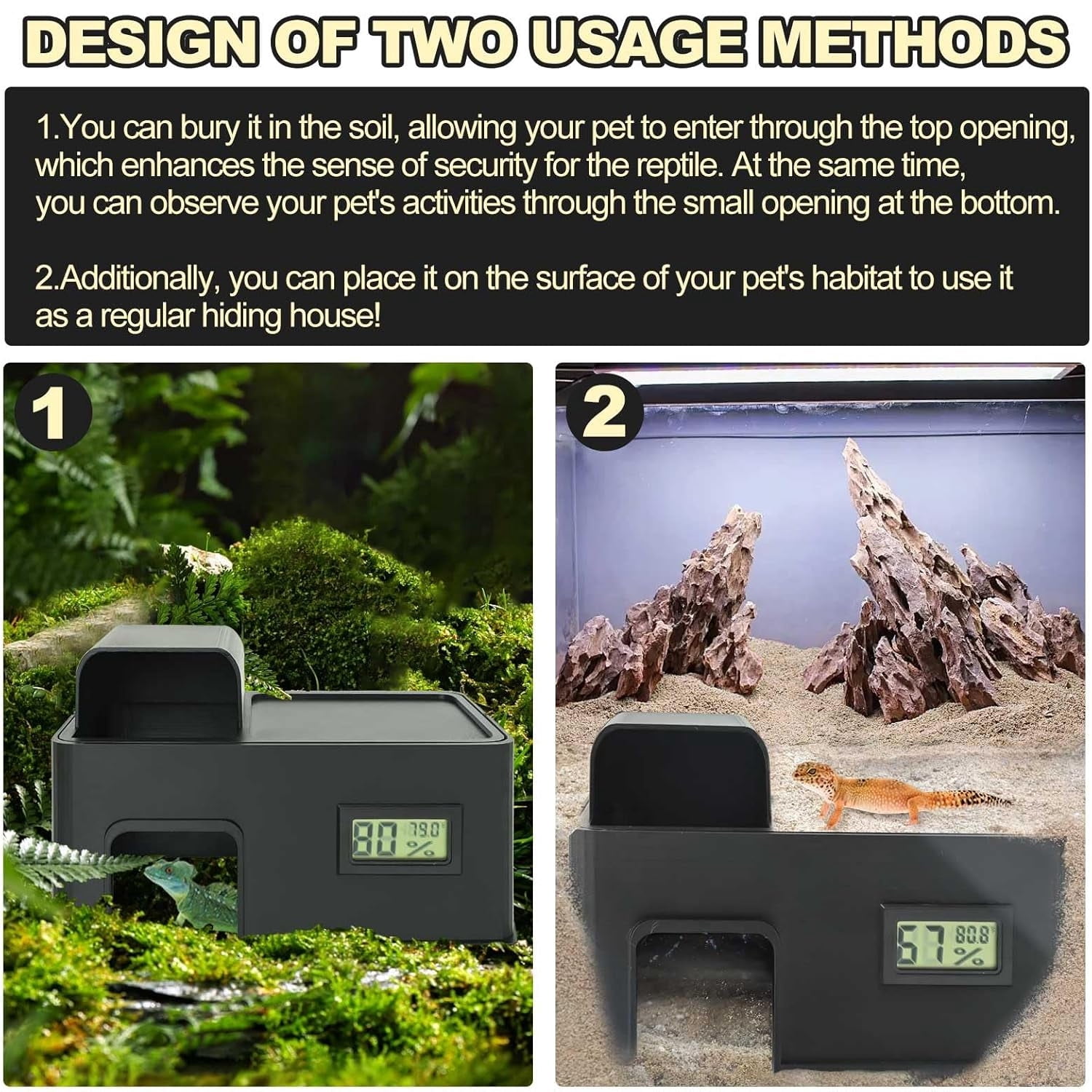 Reptile Humid Hideout with a Humidification Groove Equipped with a Temperature and Humidity Dish For Lizards,Corn Snake,Leopard Gecko