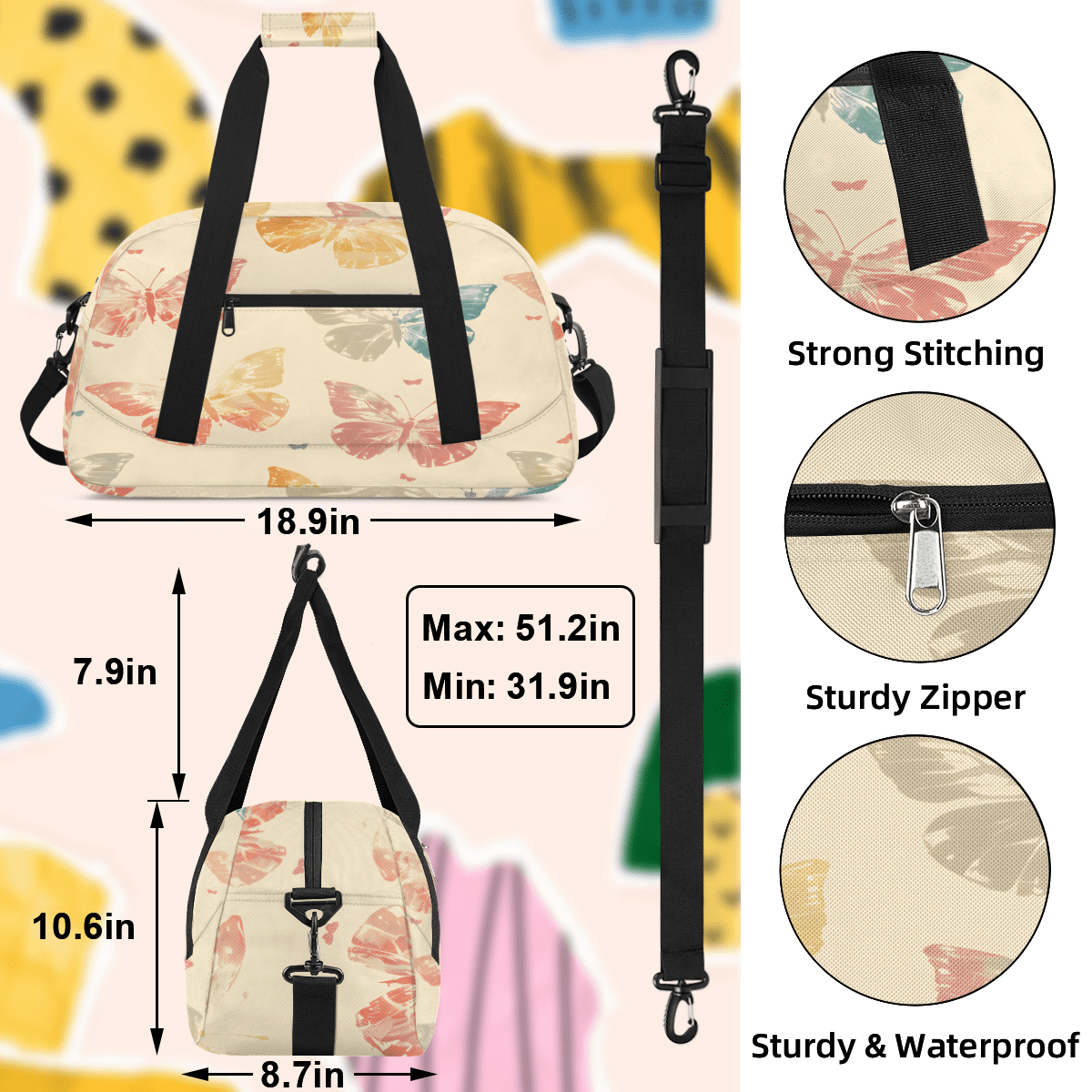 Herdesigns Butterfly Sports Duffle Bag for Women & Men, Butterfly Pattern Gym Bag Dance Bag Overnight Bag Carry On Weekender Travel Bag