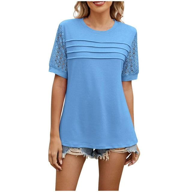 Amzcrzy Womens Tops Casual Round Neck Short Sleeve Spring Summer Tops Trendy Solid Color Pleated Basic Tees Comfy Versatile Going Out Tops for Women