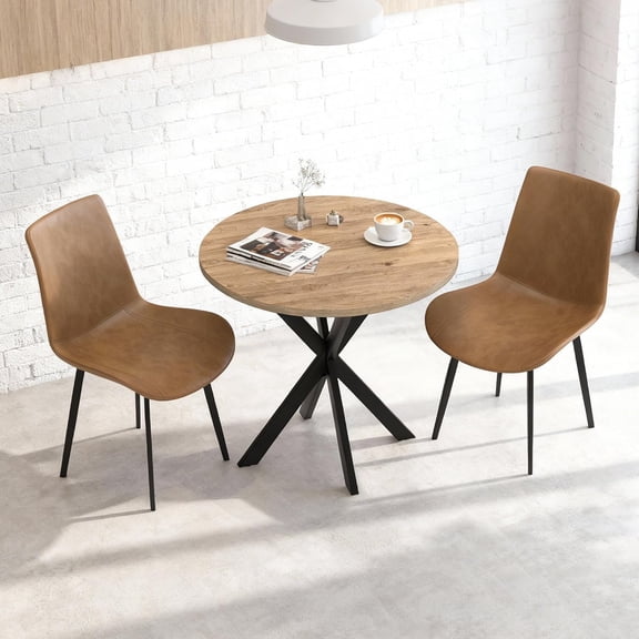 31.5" Round Dining Table and Chairs Set for 2, Small Dining Table Chairs Set Space-Saving, Round Table Set with Upholstered Chairs for Kitchen Dining Room Apartment(Natural   Brown)