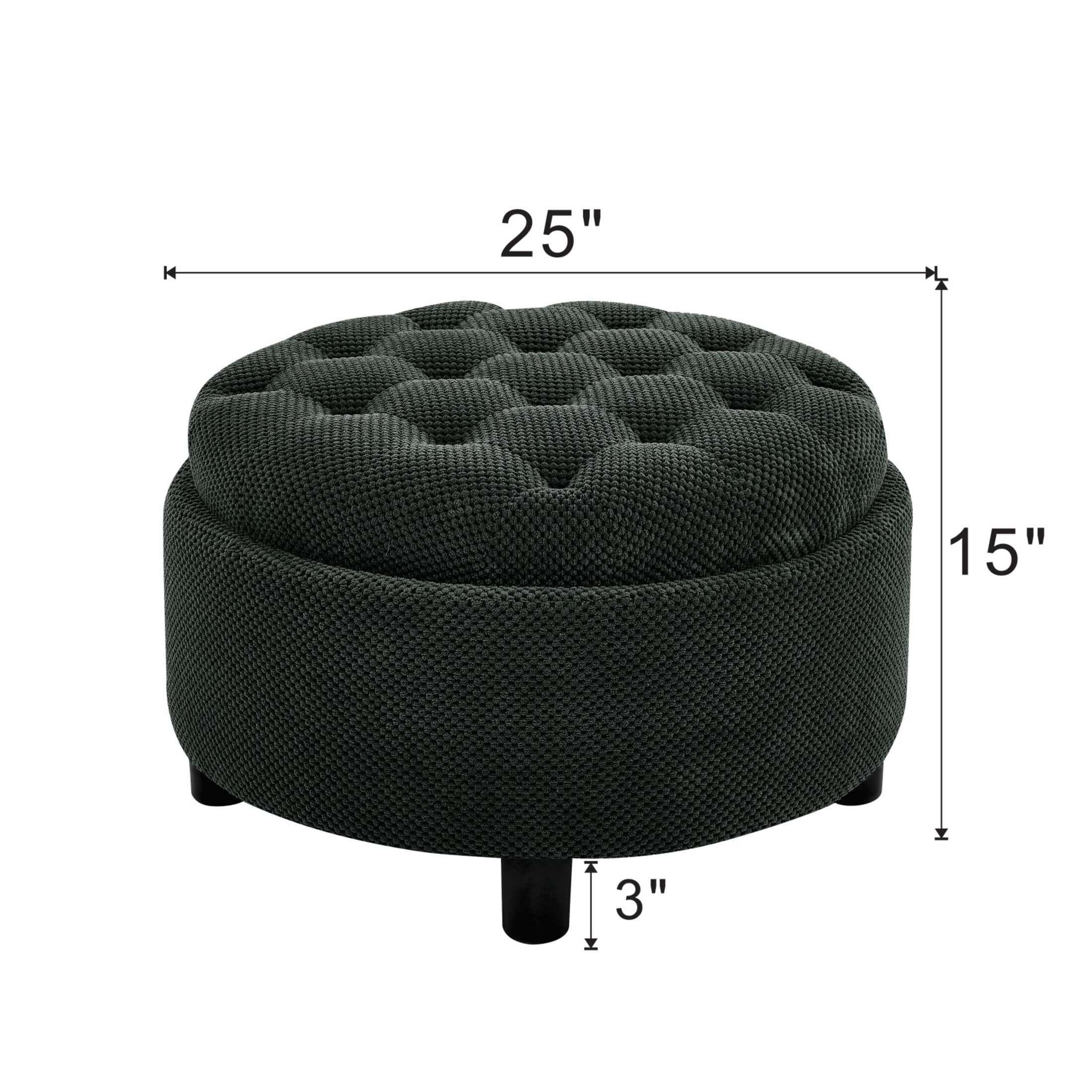 Noble House 25" Round Storage Ottoman with Removable Tray Top, Upholstered Coffee Table, Black
