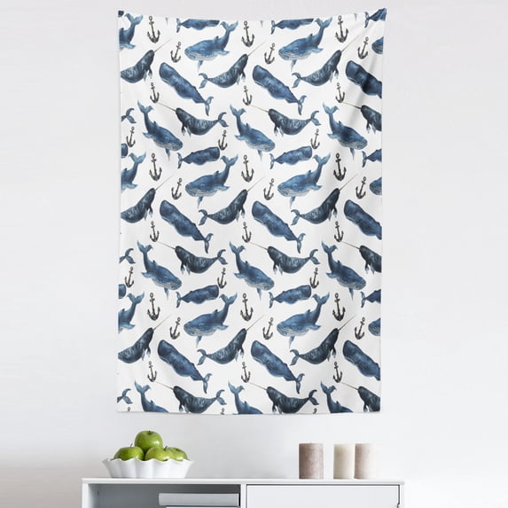 Narwhal Tapestry, Aquarelle Whales with Anchors Marine Biology Illustration Brush Stroke, Fabric Wall Hanging Decor for Bedroom Living Room Dorm, 5 Sizes, Dark Blue Navy Blue, by Ambesonne