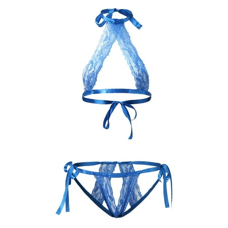 

Intimates Women Sexy Appeal Lace Seductive Perspective Three Point Conjoined Underwear Spandex no underwire sports bra Blue