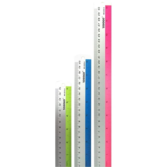 Set of 3 Aluminum Rulers of 6”, 8”, 12” in Inch and cm Scale W/Hanging Hole (Random Color)