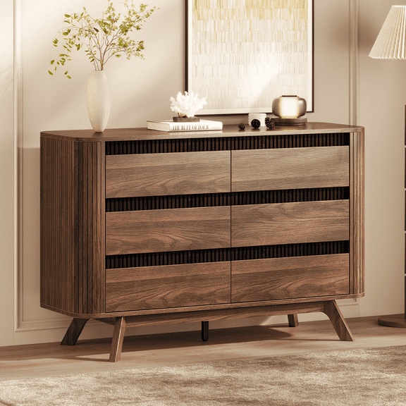 Tydimor 6 Drawer Dresser, Mid Century Modern Wooden Chest of Drawers, TV Stand for Up to 50 Inch TV, Wide Bedroom Storage Cabinet, American Walnut