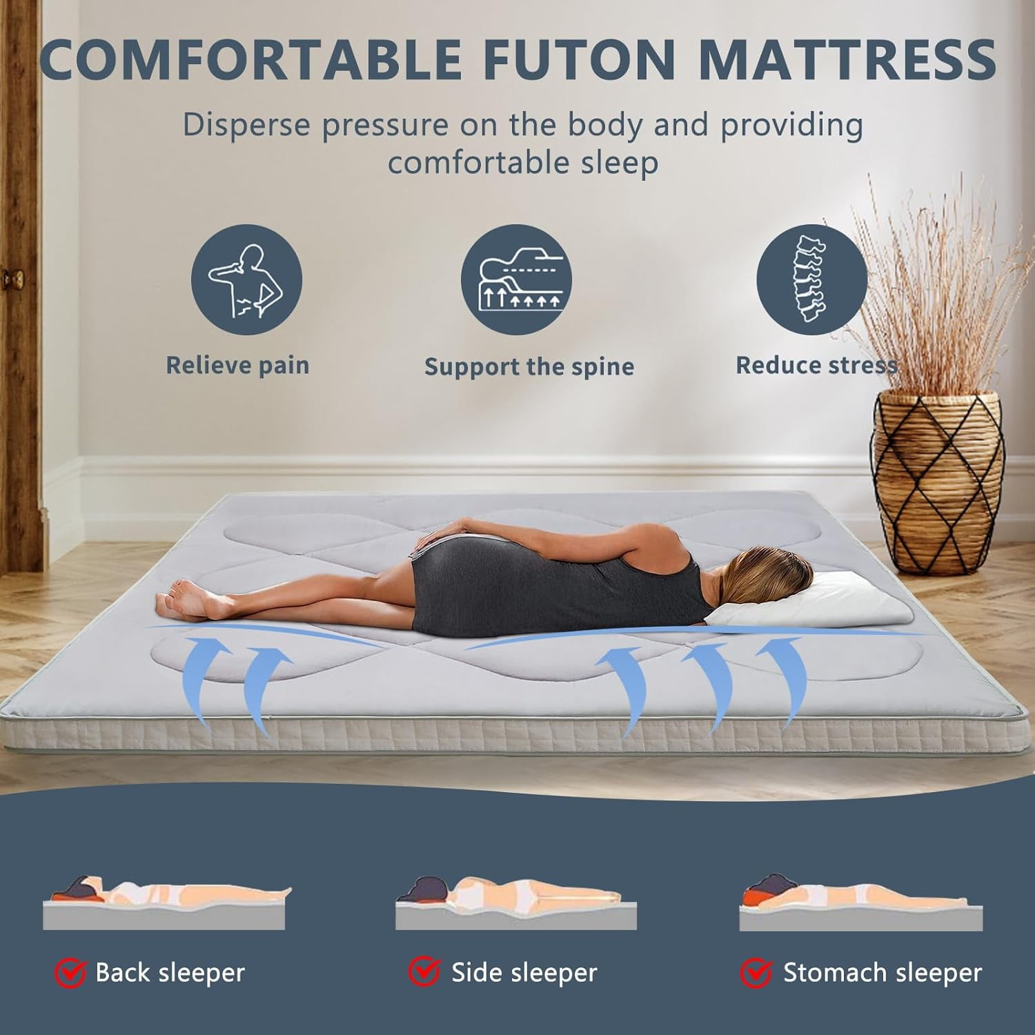 ABORON Japanese Floor Mattress Futon Mattress Queen Size, Thicken Tatami Mat Sleeping Pad Foldable Roll Up Mattress Gray