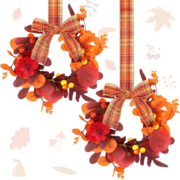 2 Pieces 9" Mini Christmas Wreath with Light Red Berry Kitchen Cabinet Wreaths Mini Farmhouse Wreath with Red Velvet Bow for Xmas Porch Wall Window Decor
