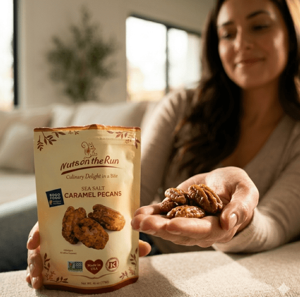 Nuts on the Run Sea Salt Caramel Pecan Pralines – Candied Pecans with Salted Caramel - Vegan, Gluten-Free, Kosher, Non-GMO Glazed Pecans – 4oz (Pack of 3 Pouch Bags) Handmade Snacks