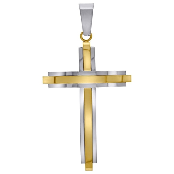 Stainless Steel Two-tone Mens Two Layer Cross Religious Charm Pendant Necklace for Men