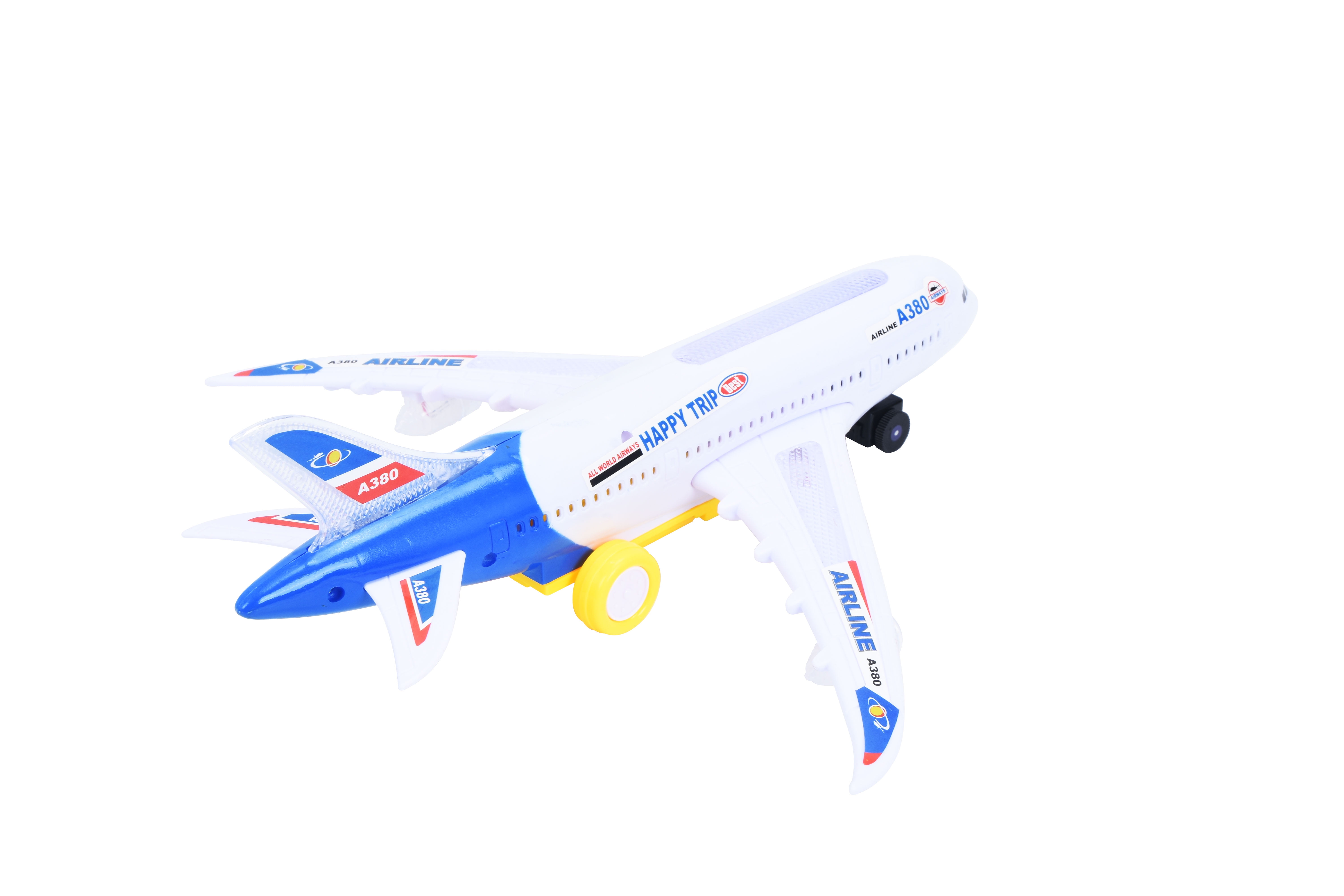 PlayWorld All Aboard! Bump and Go Electric Air Bus A380 Kids Action Airplane - Model Plane with LED Lights and Sounds - Changes Direction On Contact - Blue