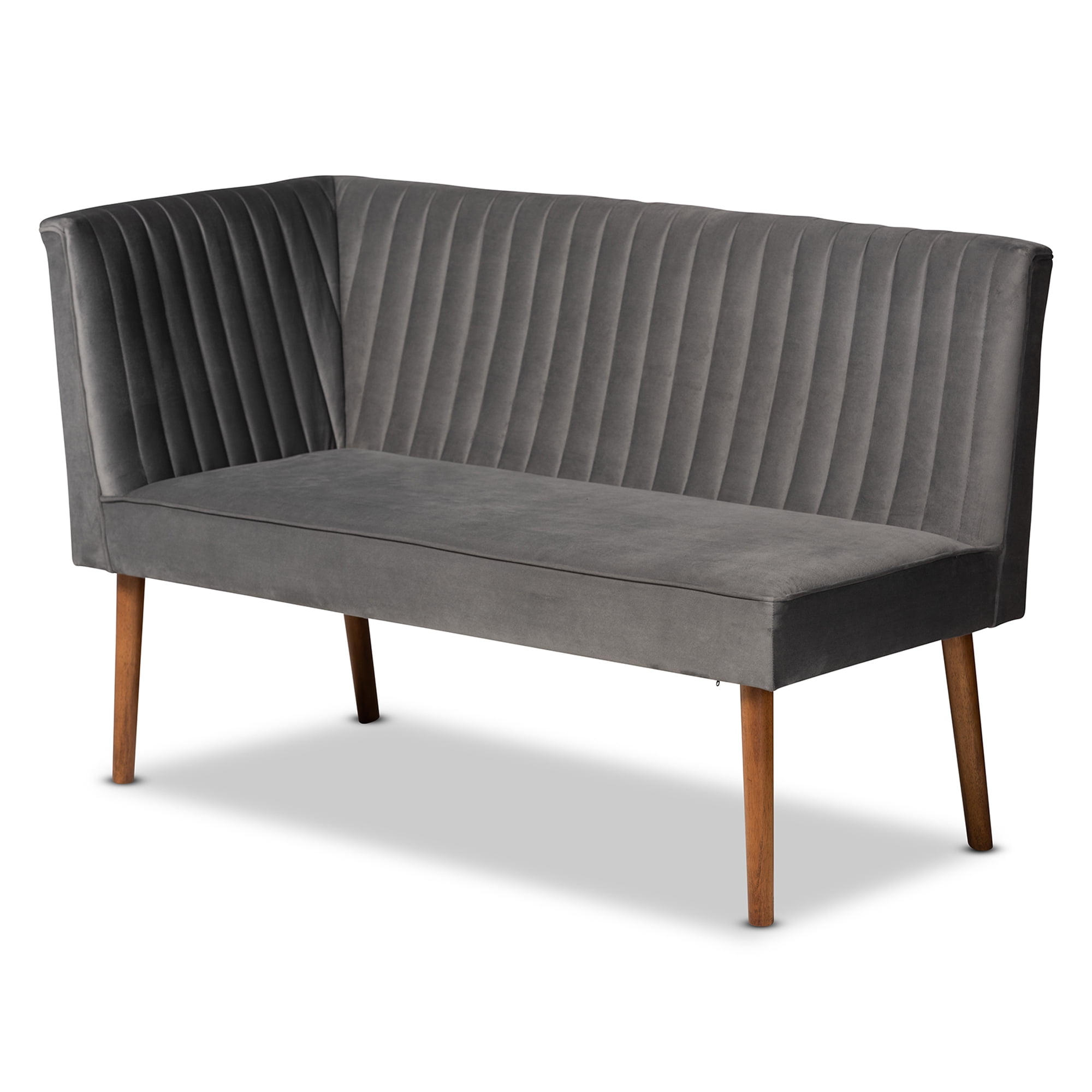 Baxton Studio Alvis Mid-Century Modern Grey Velvet Upholstered and Walnut Brown Finished Wood 3-Piece Dining Nook Set