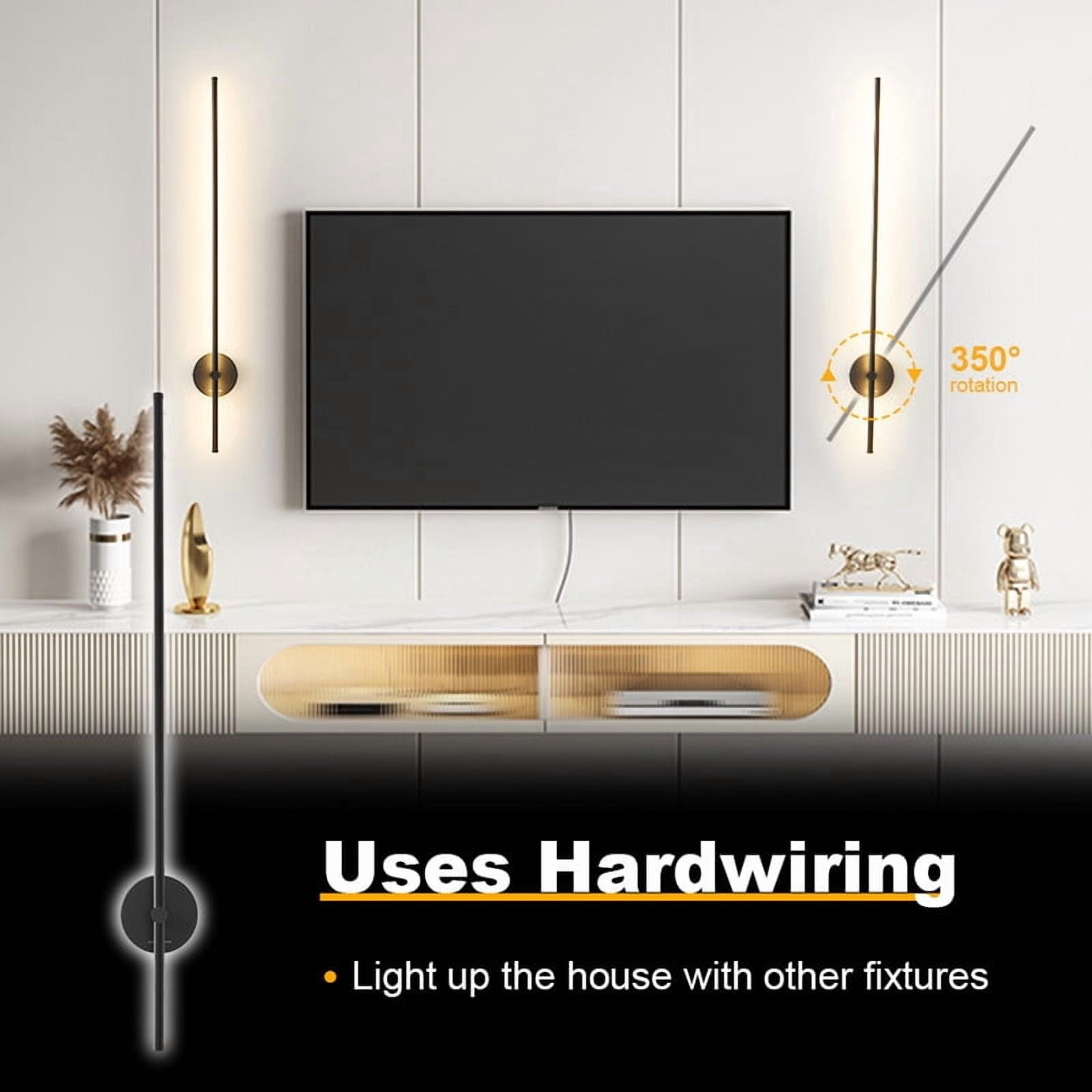 Deyidn Modern Wall Sconce Set of 2, 3000K-5000K Dimmable Hardwired Black Led Wall Sconce with Remote Control, 350° Swivel RGB Multicolor Ambience Lights for Living Room,Bathroom