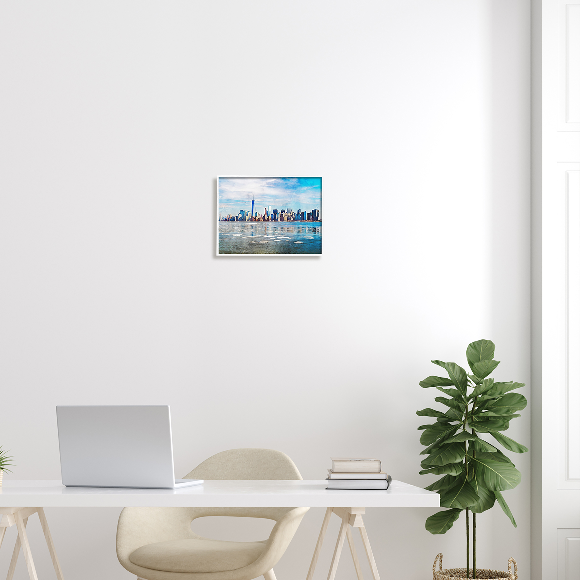 Stupell Distant New York City Skyline Buildings Travel & Places Painting White Framed Art Print Wall Art