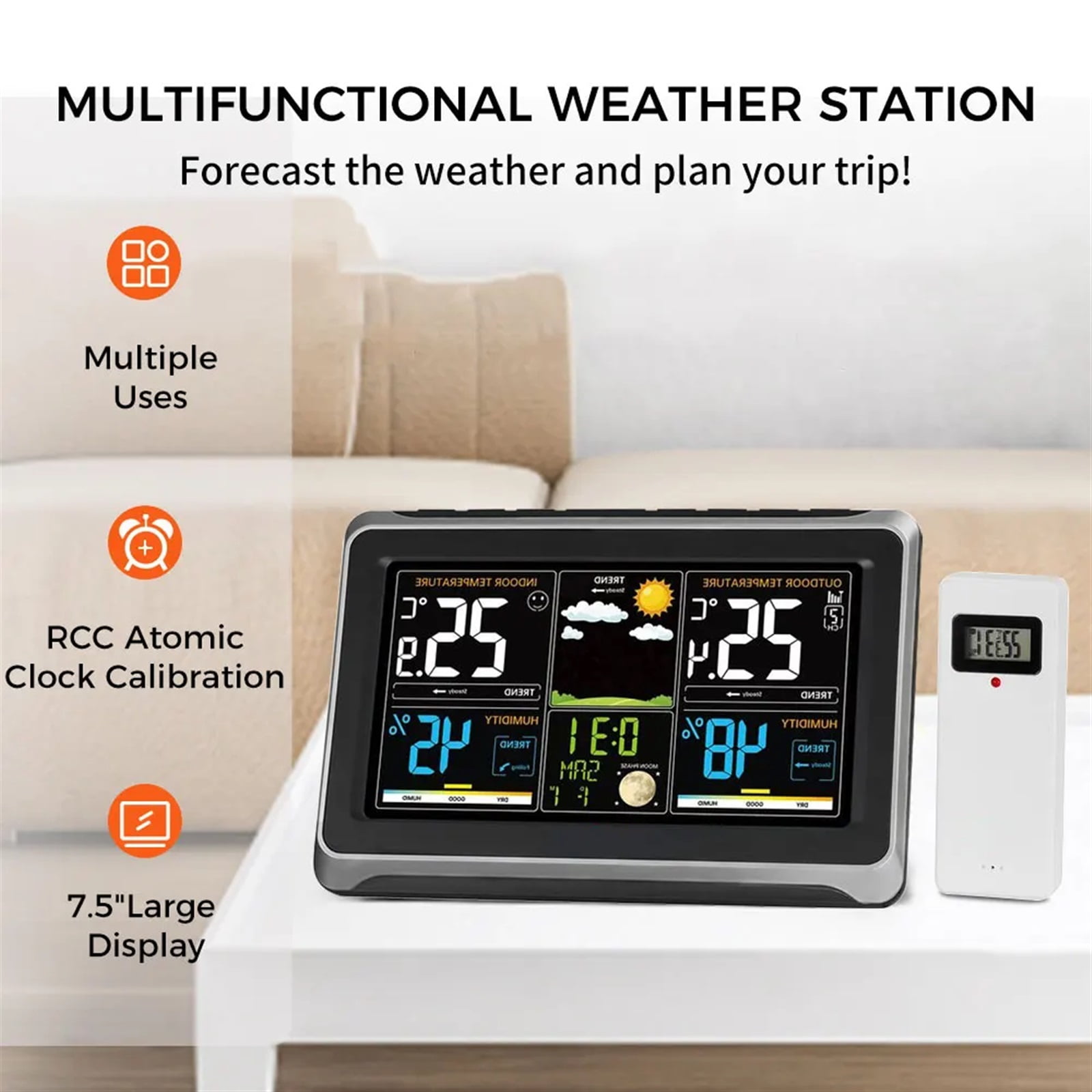 Weather Station Wireless Indoor Outdoor Thermometer, Color Display Weather With Barometer, Calendar, Adjustable Backlight ,High Precision