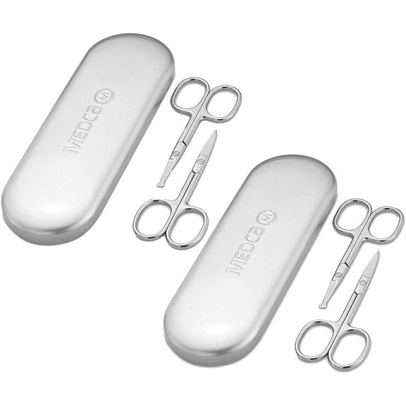 MEDca Stainless Steel Grooming Scissors - (Pack of 2) Eyebrow Scissor, Beard & Mustache Trimming Set