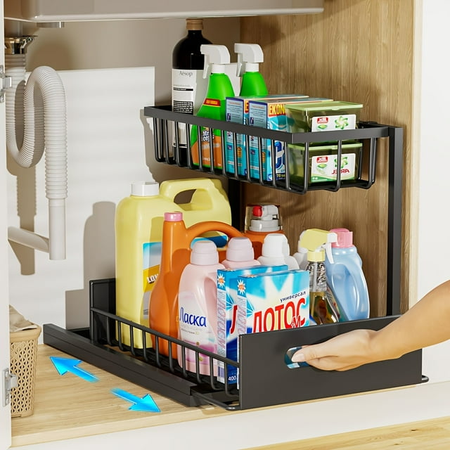 2-Tier Sliding Under Sink Organizer - Rustproof Metal Storage for Kitchen & Bathroom Cabinets
