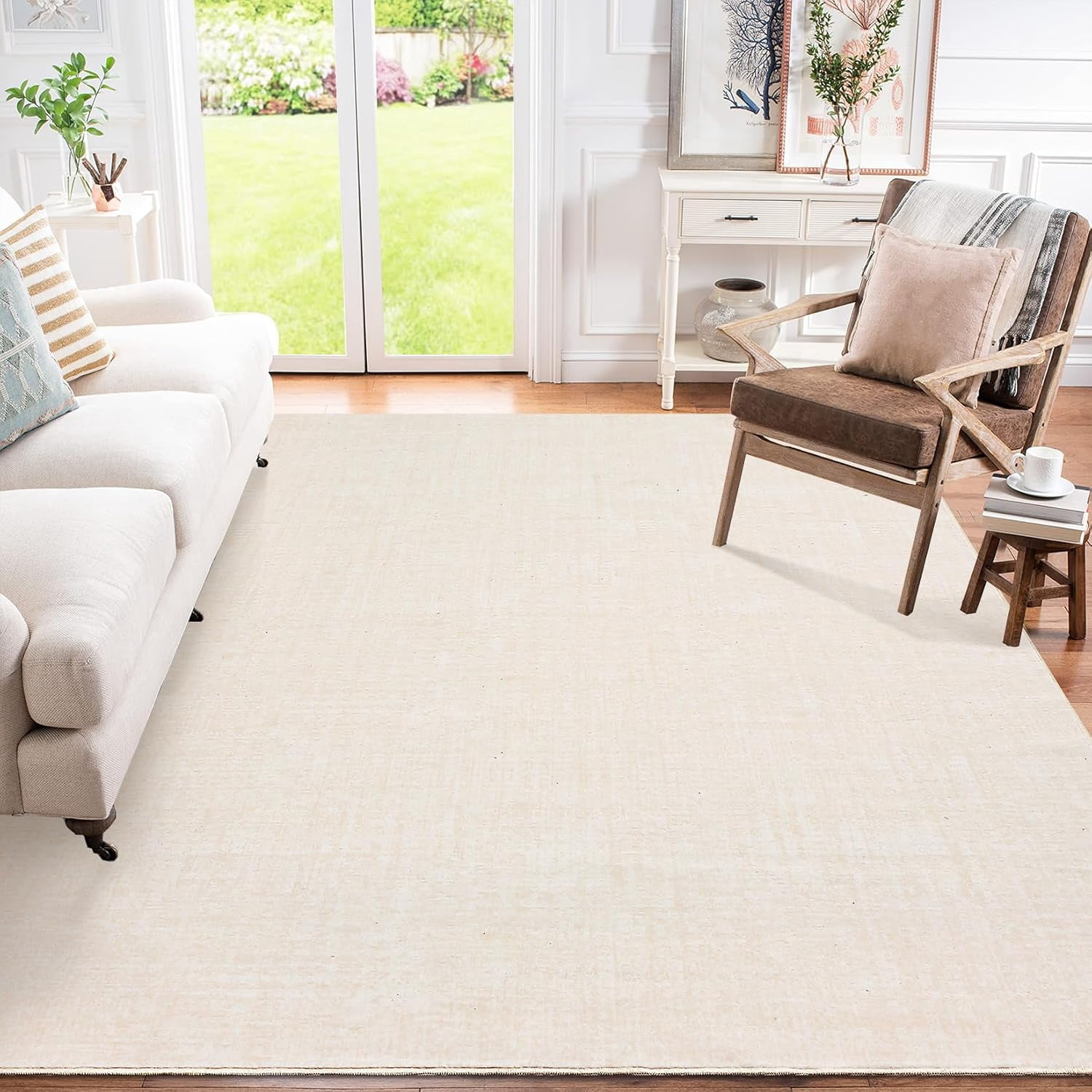 Memoryfield 9' x 12' Washable Area Rug, Stain-Resistant Low Pile Non Slip Carpet, Floor Mat for Living Room Bedroom Home Office, Beige