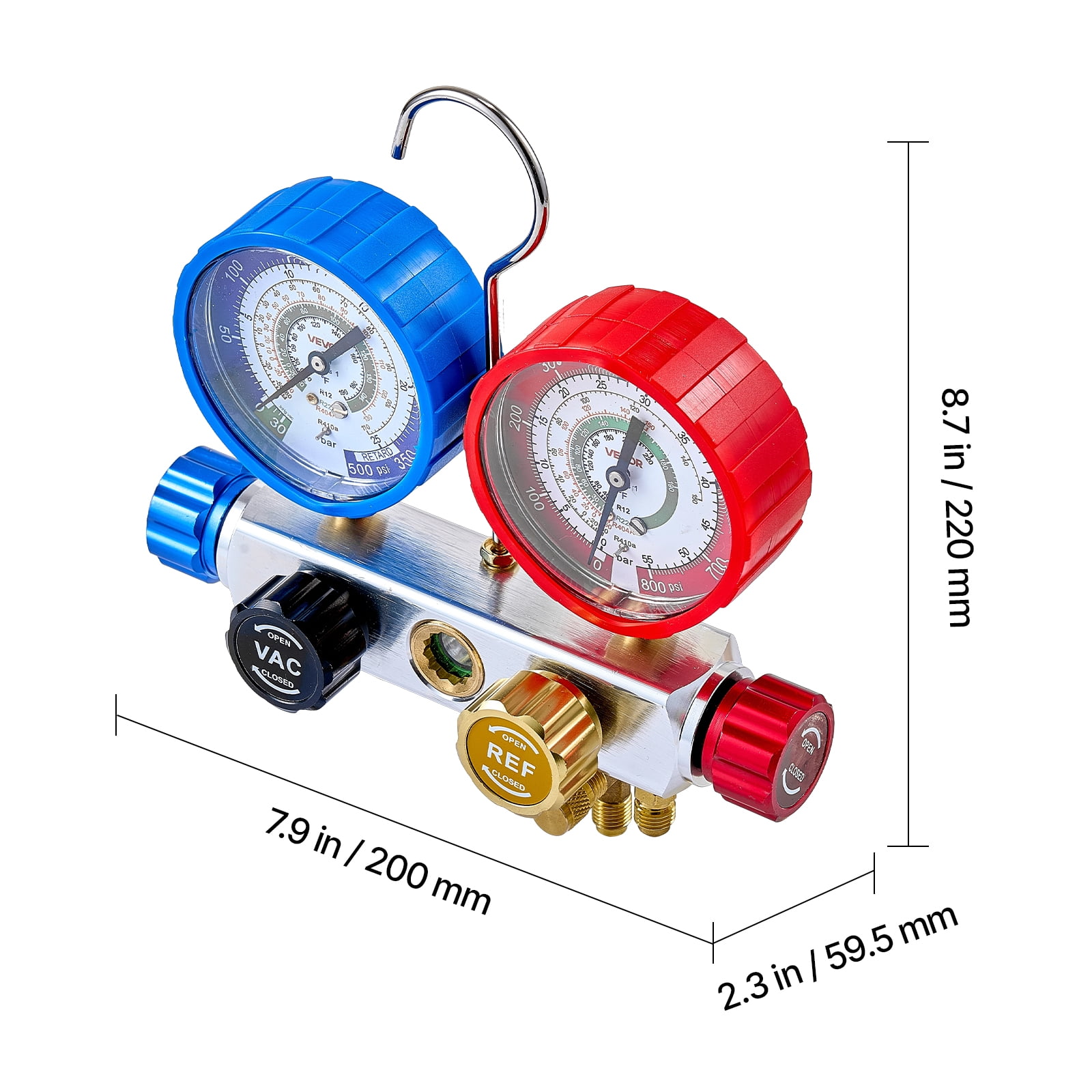 VEVOR AC Manifold Gauge Set for R22 R404A R410A R12 Refrigerants, 4 Way AC Gauges with 5 ft Hoses for Automotive & Household Air Conditioning Maintenance, Evacuation Vacuuming Charging and Recovery
