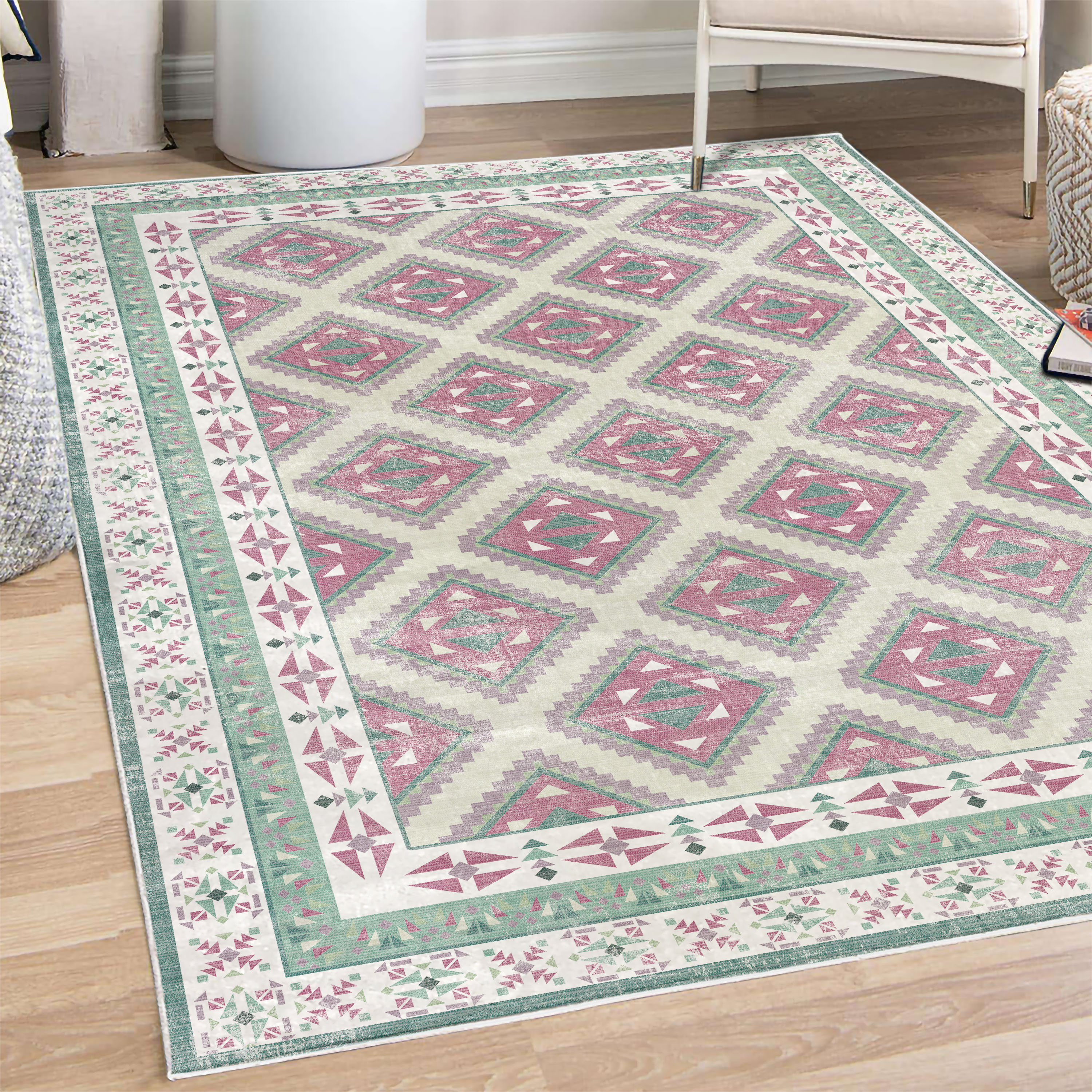 Geometric Decorative Rug, Ethnic Rustic Zigzagged Squares Folkloric ...