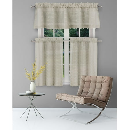 Sheer 3 Piece Window Curtain Set with 3D Small Soft Tufts Design, One Valance, Two Tiers 36 IN Long Kitchen, Bathroom, Small Window