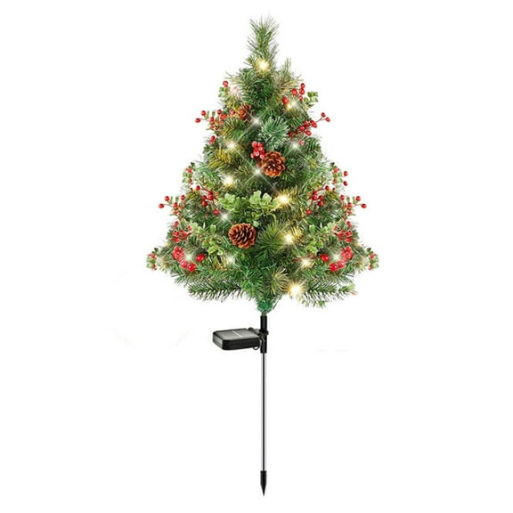 Shoreew 23 Inch Lighted Artificial Christmas Urn Filler Pre-lit Xmas Pine Tree with Cones Red Berries Tripod Stake And LED Light Outdoor Porch Planter Filler for Holiday Decor