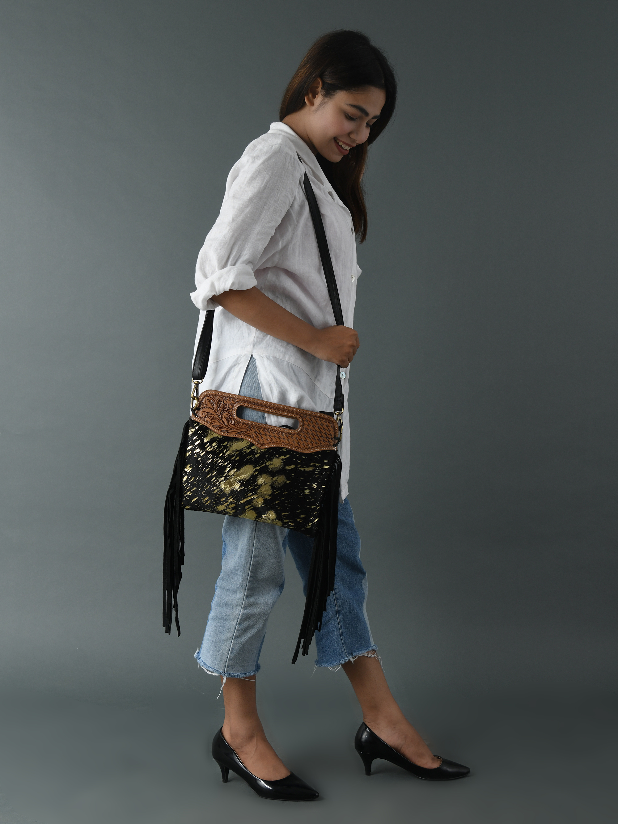 Women's Western Fringe Leather Hand Bag – Sling Bag Suede Hair-On Handbag with Adjustable Strap, Handmade Sling Purse 12"x10" Black n Golden