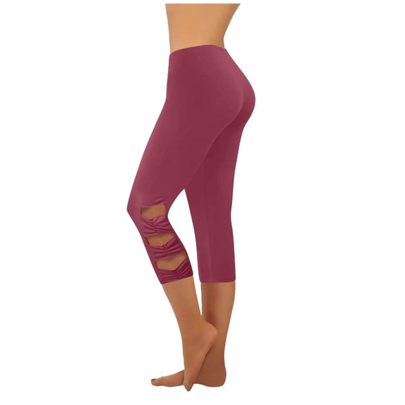 Womens High Waisted Yoga Pants, Wine Burgundy Knee Cut Out Capris, Slim Fit Stretch Lounge Athletic Pants for Women Nylon Spandex,Size XL