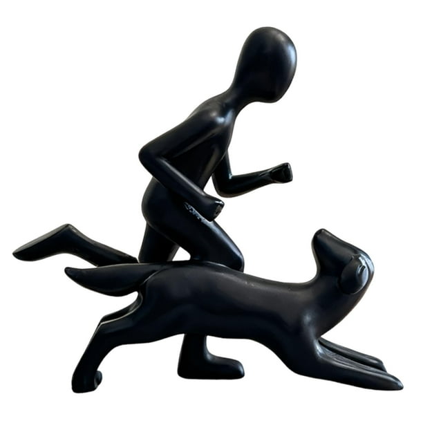 Estatua de hombre y perro, figura decorativa de arte para estantería de salón. Negro