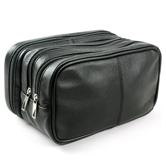 Genuine Leather Toiletry Bag Grooming Shaving Accessory Kit with 3-layered Storage & Handle Strap